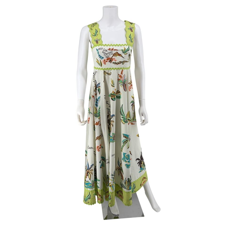 ALEMAIS Deep Sea Dreaming Scallop Trim Printed Maxi Dress Size 4